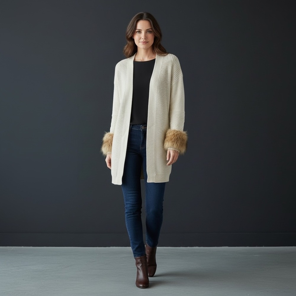 EST 1946 Cream‎ Faux Fur Trim Long Cardigan Sweater Women's Size S